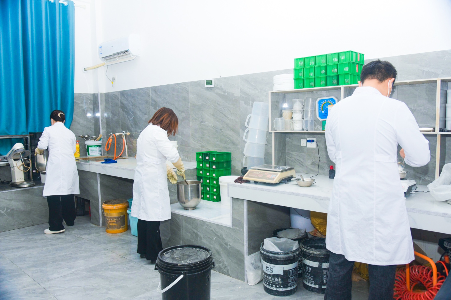 Full laboratory workspace with staff performing testing